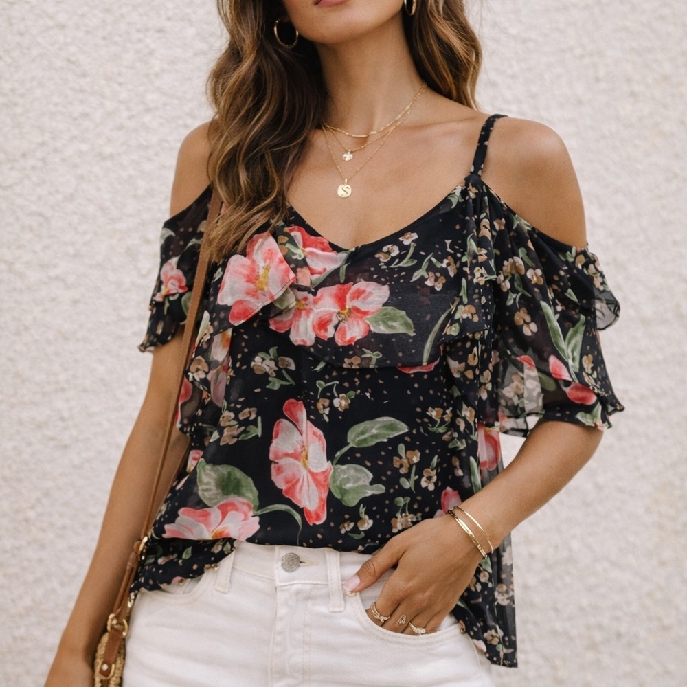Cabi flowy chiffon floral spaghetti strap ruffle/ flounce cold shoulder top ❤️